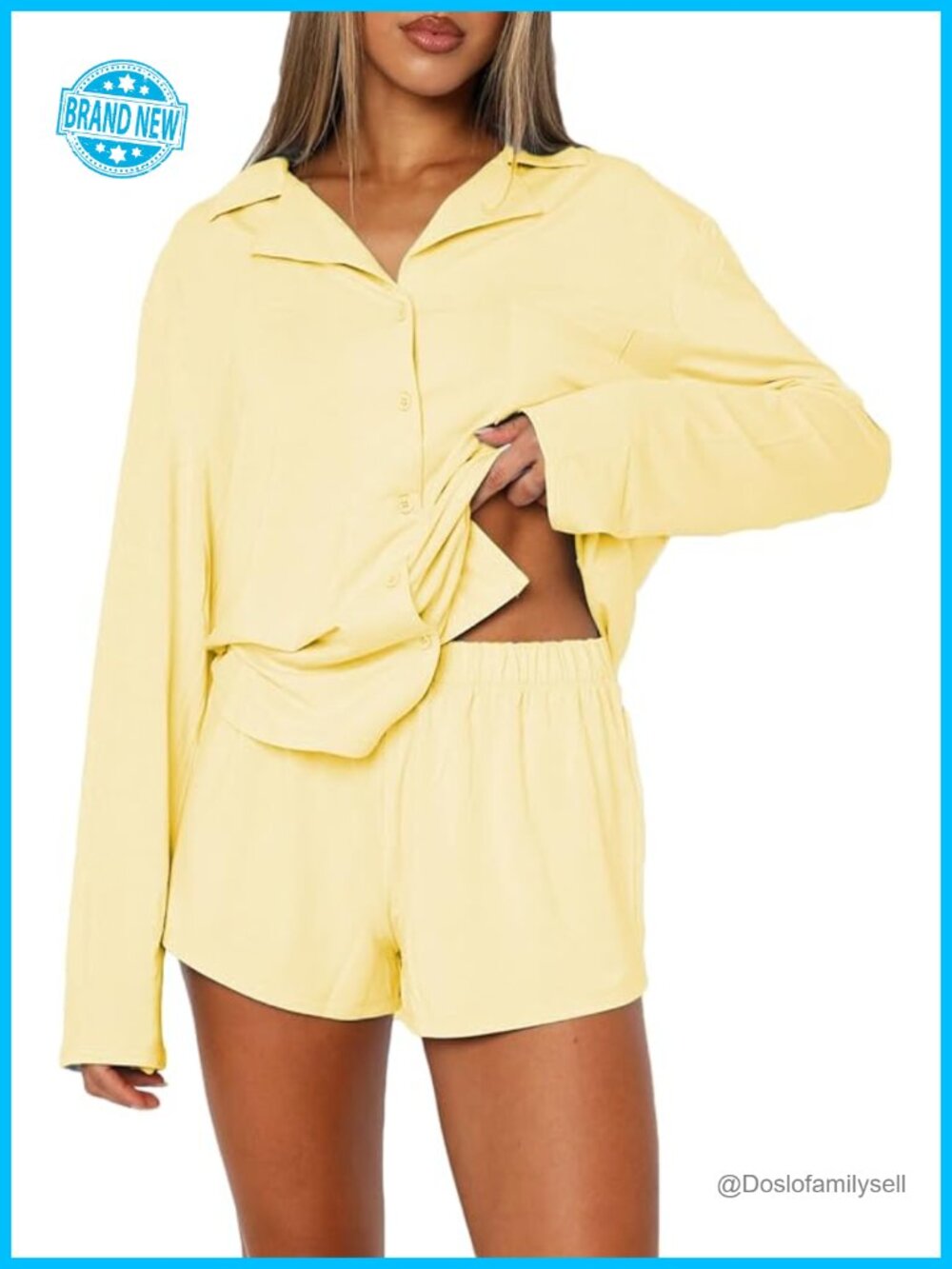 Women's 2 Piece Pajama Set - Button Down Cotton Blend Sleepwear with Shorts
